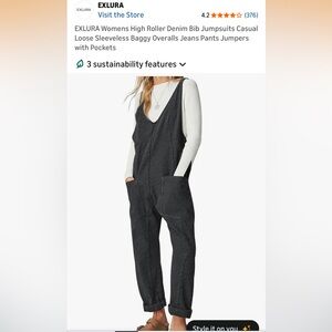 EXLURA Black Washed high roller Denim Bib Jumpsuit